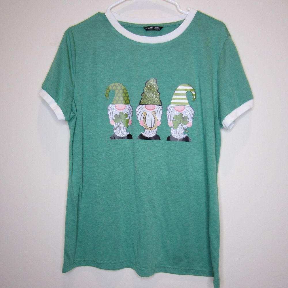 Lilicloth womens green tshirt 3 elves St Patricks dayclover lucky horseshoe-Sz M